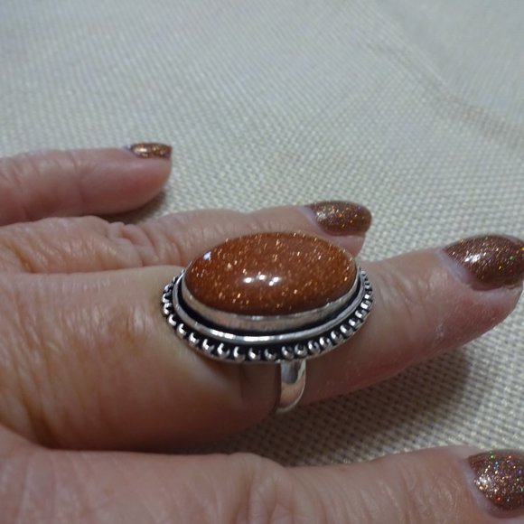 Sparkling "GOLD SUNSTONE" Handmade Sterling Ring Size 9 #554B - Picture 3 of 3